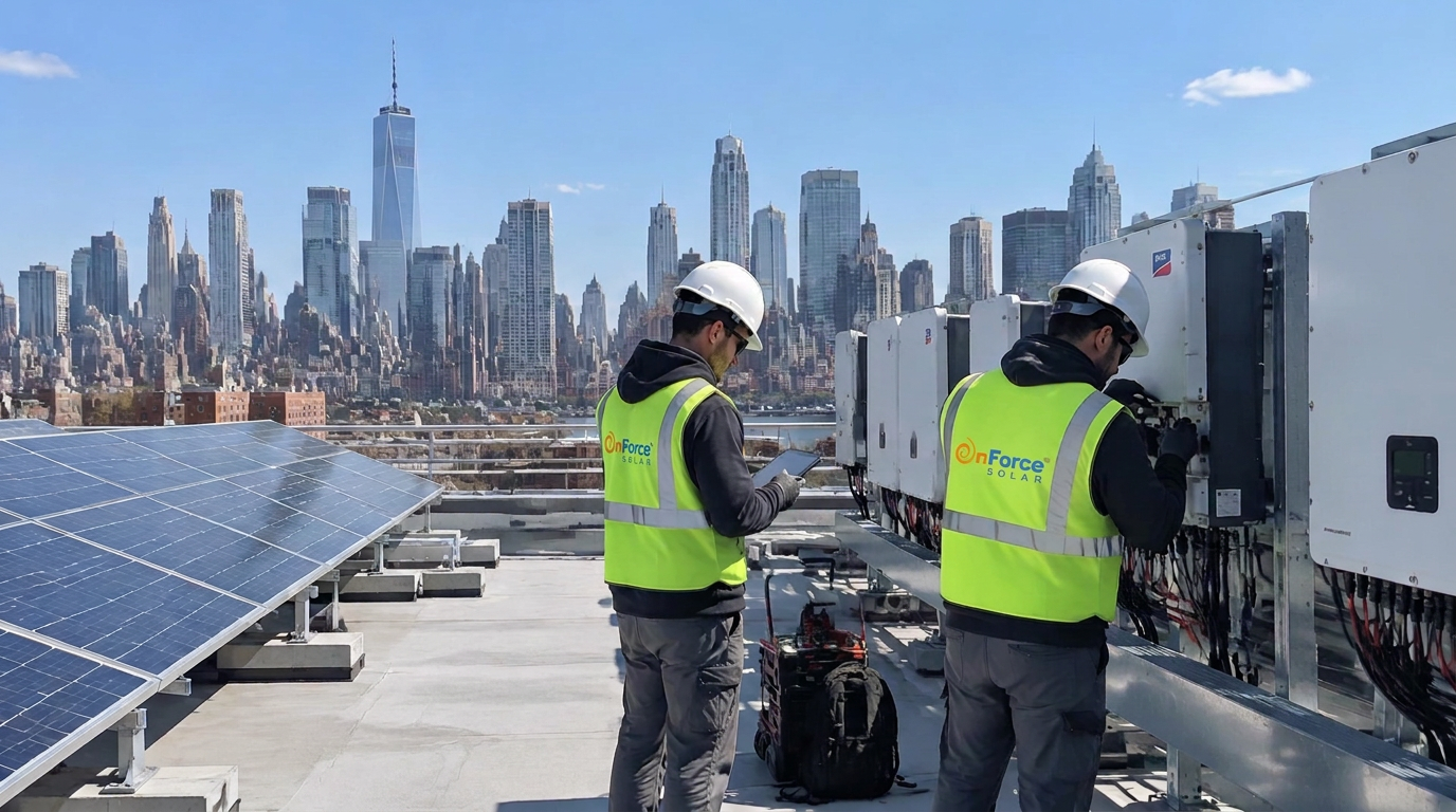 Solar technicians inspecting inverters and electrical equipment on a New York City commercial rooftop with the Manhattan skyline in the background